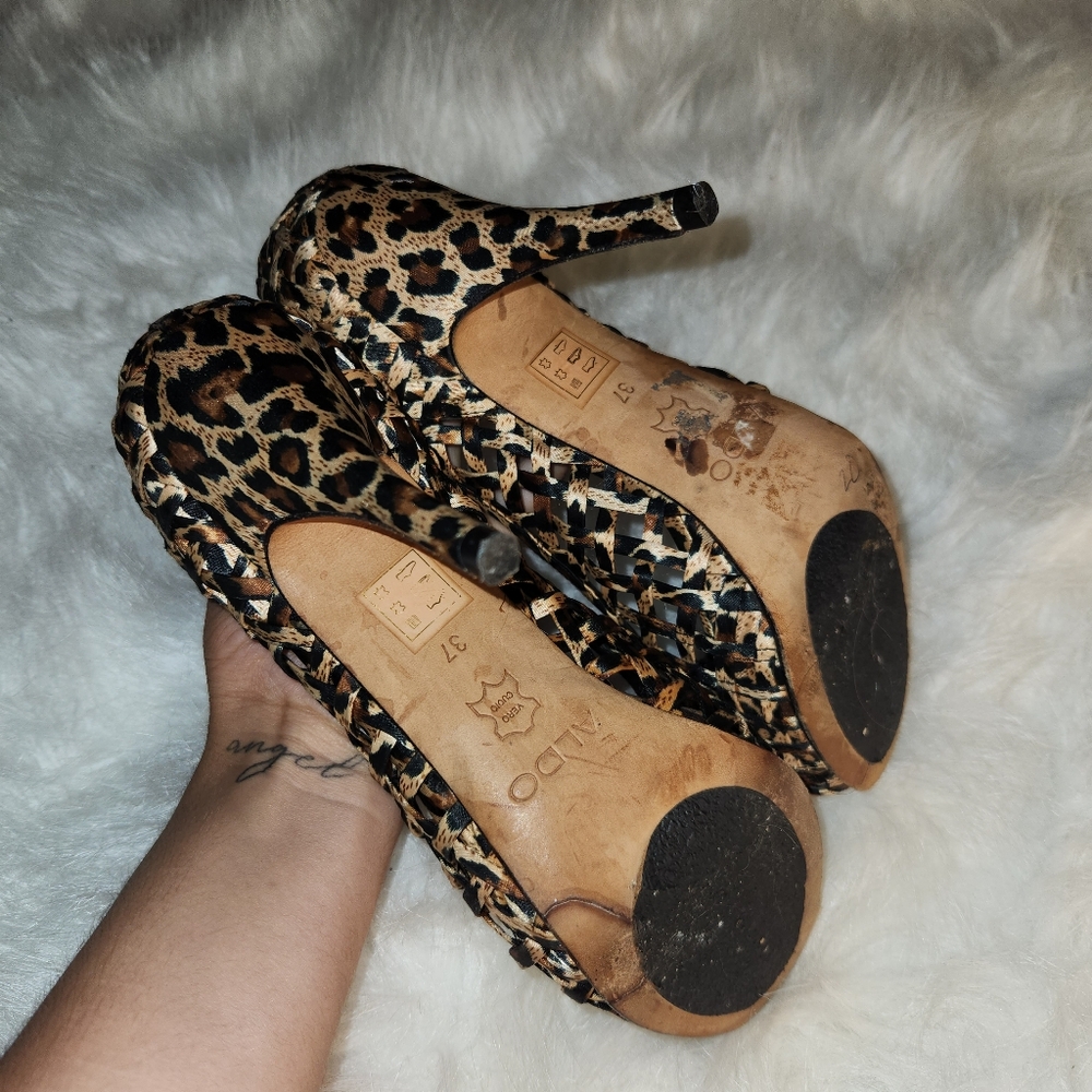 Aldo Leopard Print Open Toe Mesh Heels - image 7